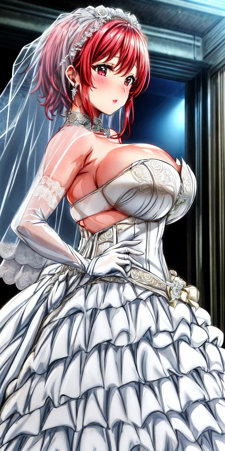 Close-up of beautiful bride wearing beautiful wedding dress, Gurwitz, (bridal veil:1.5), (Transparent short veil:1.5), Blushing face, head flower, headgear, (tube top wedding dress: 1.5), (Silk dress: 1.2) (Strapless wedding dress: 1.5) pure white dress, necklace, earrings, (large breasts:1.3), Deep V peach heart collar wedding dress, bangs, lipstick, (lace gloves: 1.3), whole body, high detail RAW color art, Long white dress, whole body, place your hands behind your back