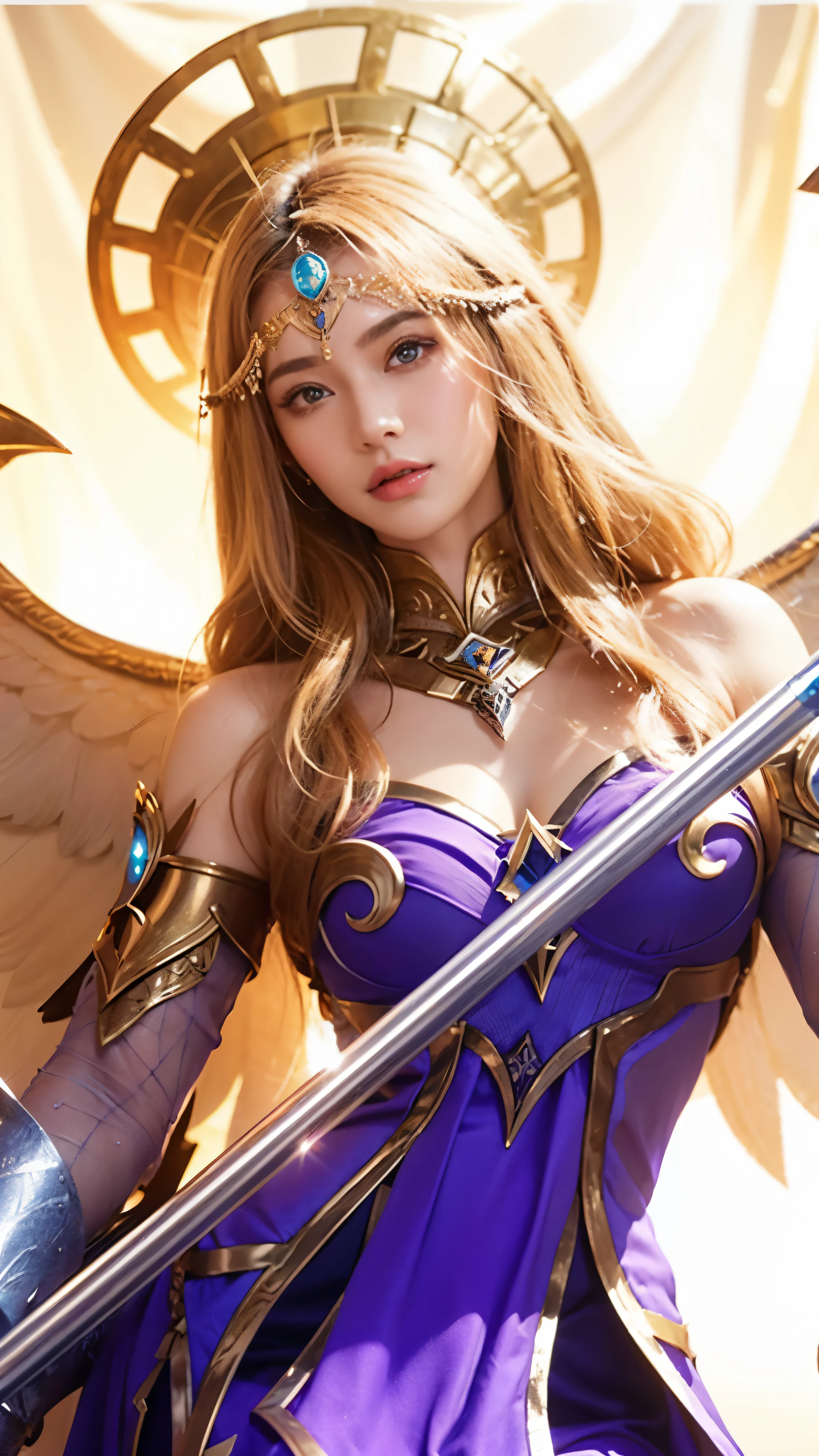 a woman in a purple dress holding a magic spear, mystical atlantean valkyrie, angel knight girl, mystical valkyrie, alluring princess knight, portrait knights of zodiac girl, extremely detailed artgerm, as a mystical valkyrie, artgerm detailed, gorgeous female paladin, trending artgerm, style of artgerm, artgerm style