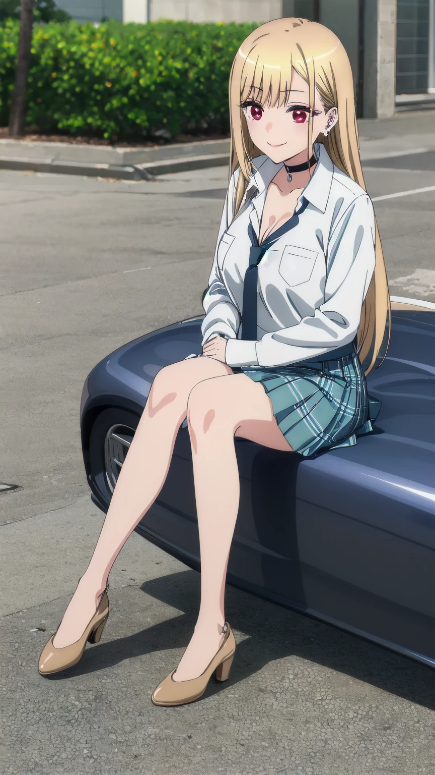 (((Pixel Perfect, Perfect detail))), 1girl, solo, marin kitagawa, blonde hair, choker, ear piercing, earrings, long hair, piercing, (red eyes:1.3), straight hair, swept bangs, black necktie, long sleeves, pleated skirt, , shirt, skirt, sleeves rolled up, white shirt, cleavage, outdoor, sitting, smile, full Body