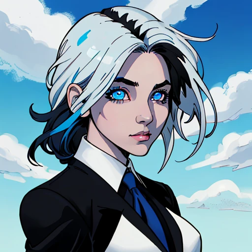 Chica con cabello negro, ojos azul cielo, con un traje blanco con gris y superpoderes kyptonianos