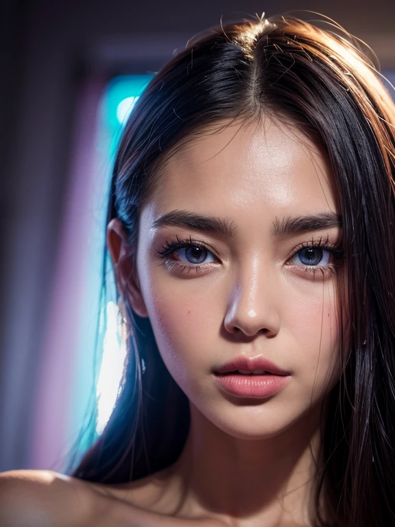 best quality, highres, professional, fashion portrait, color photograph, ????? woman, detailed facial features, captivating eyes, luscious lips, flawless skin, elegant pose, vibrant neon lights, stylish fashion, dynamic composition, alluring atmosphere, rich color palette, atmospheric lighting
