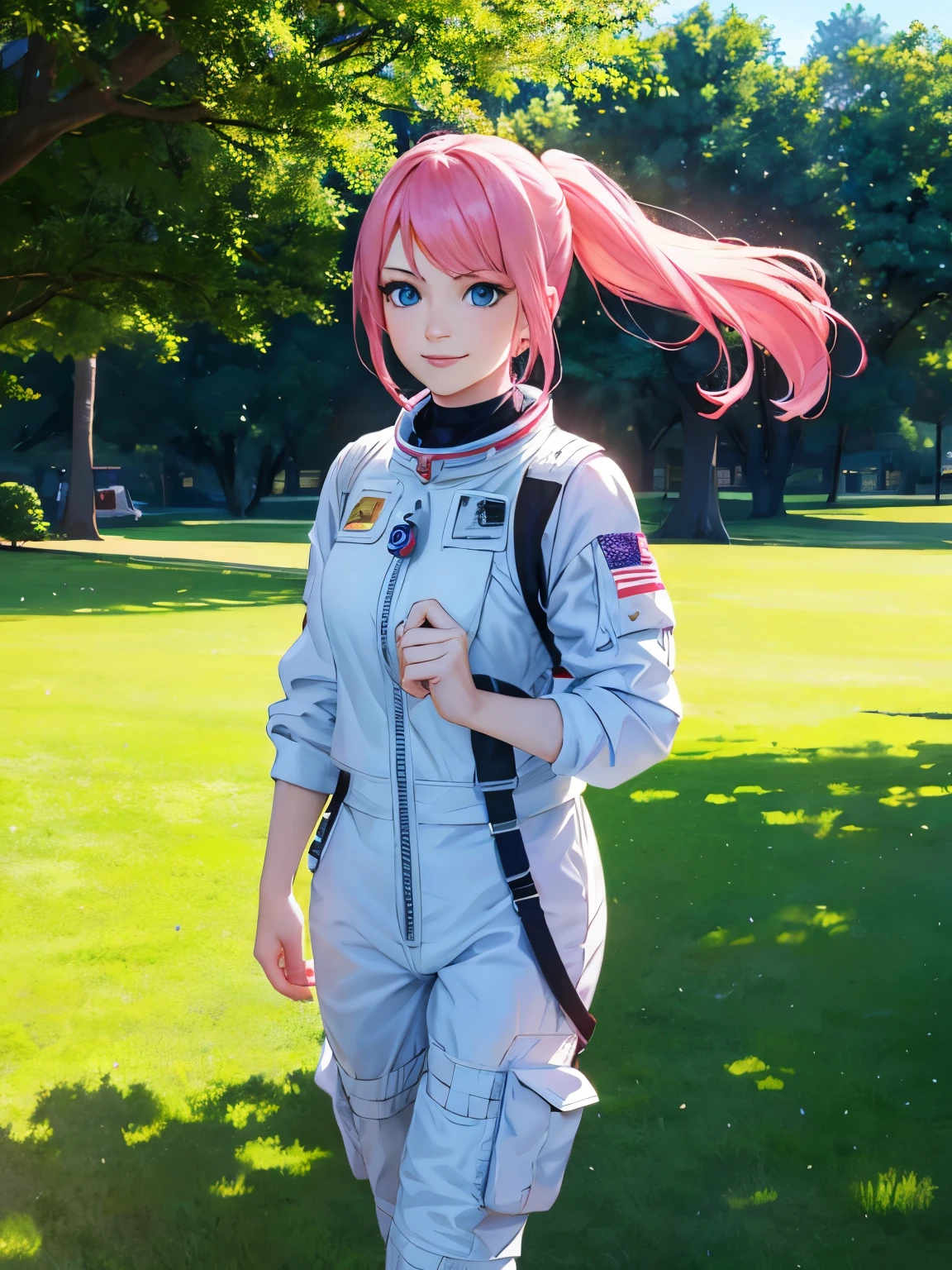 1 adult woman,29 years old,Pink hair,Walking,Astronaut uniform , looking at viewer,half body photo, long hair,ponytail,bangs,blue eyes,smile,In the park 