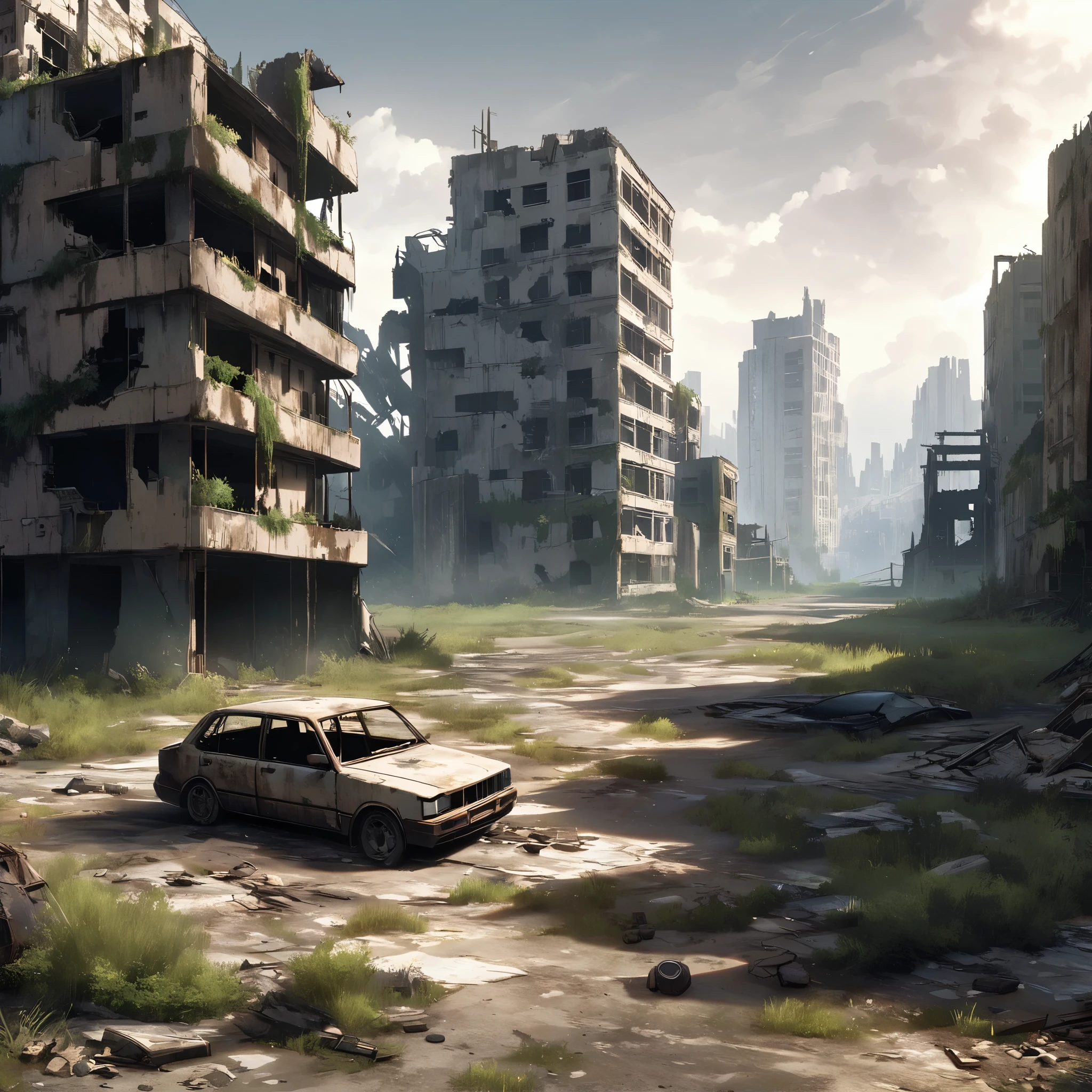 Post-apocalyptic wasteland,City ruins，Deserted，Abandoned car，Cidade abandonada