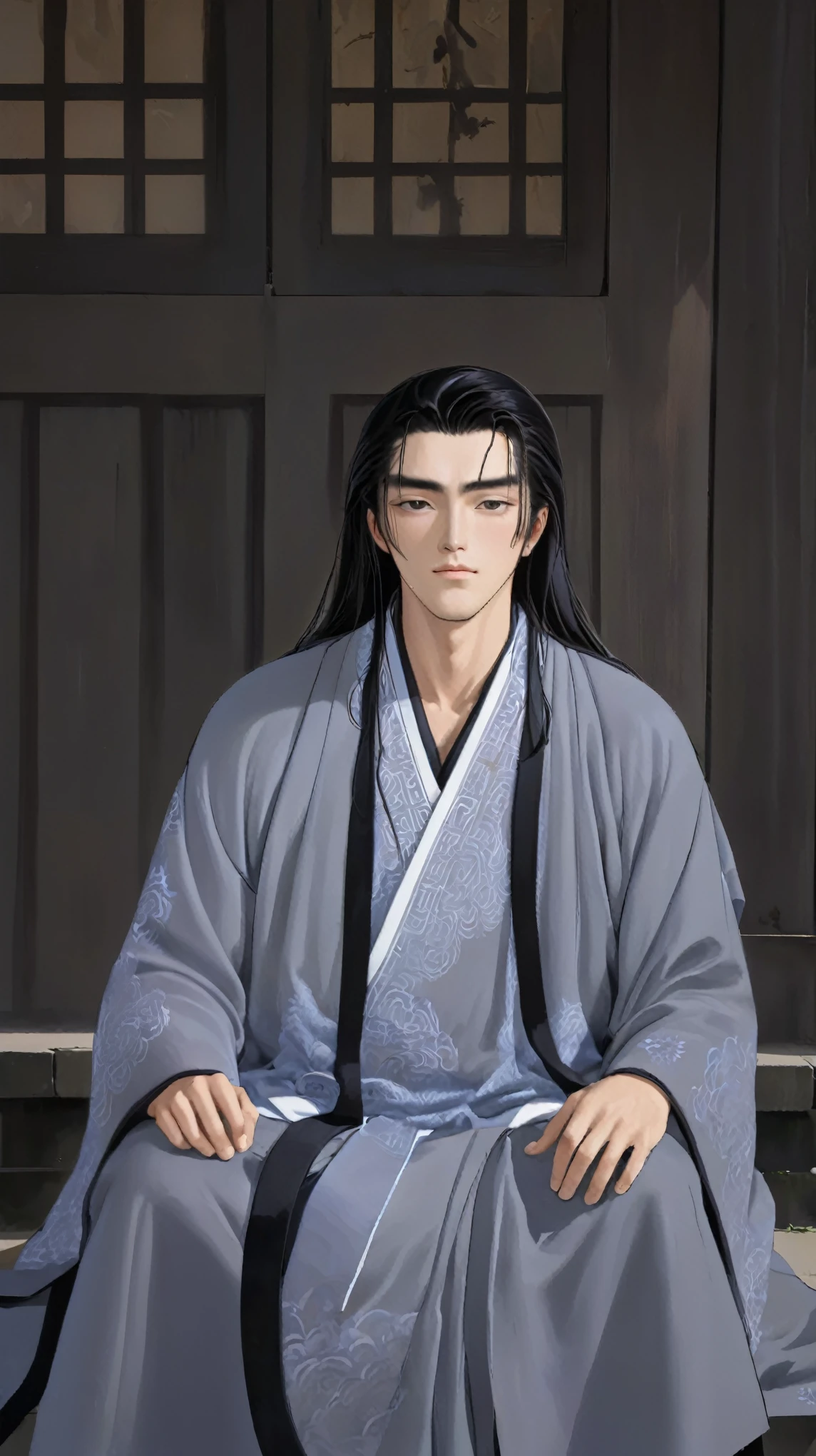 1 male, Young and handsome man, A man with long black hair wearing a gray Taoist robe sits on the steps of a Taoist temple, The expression is sacred, With eyes closed, Hyperrealism, god rays, Fujicolor, character chart, close-up, Fujifilm, Sony FE GM, UHD, super detail, high details, masterpiece, ccurate, high quality, award winning, anatomically correct, best quality, highres, textured skin