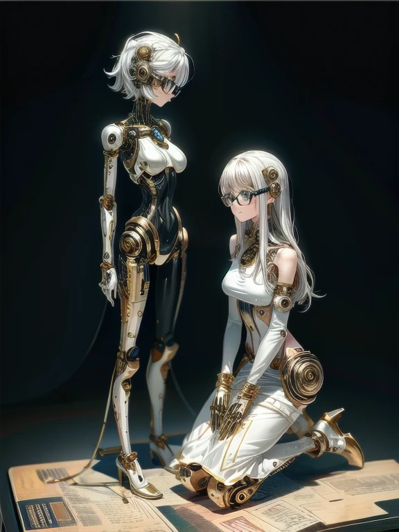 5 8K UHD,
 two beautiful robot women with internal skeletons in silver metallic bespectacled bodies kneeling,
 gold and silver metal robot with transparent exoskeleton,
 their face is a beautiful human face,
 full body shot.