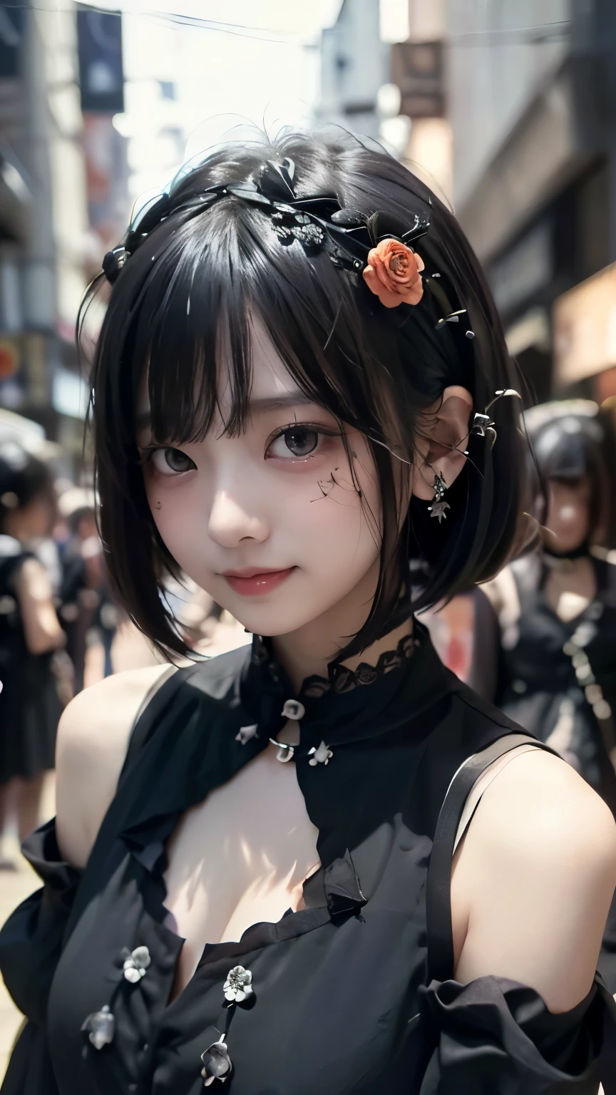 Surreal、Delicate and detailed line drawingasterpiece、highest quality、Highest quality、One Woman、(Black Hair、Hime cut, Long Hair:1.2)、Natural Makeup、Eyelash extensions、Sharply draw eyelashes、Eyebrows are thin and short、Deep orange blush、Grinning, showing some teeth、A little red cheeks、16-year-old female、Dark Rose Garden、Purple roses、(Black simple hair accessory、A gothic dress with a revealing chest:1.3)、(Blur the background:1.3)、(The subject is viewed from above:1.1)