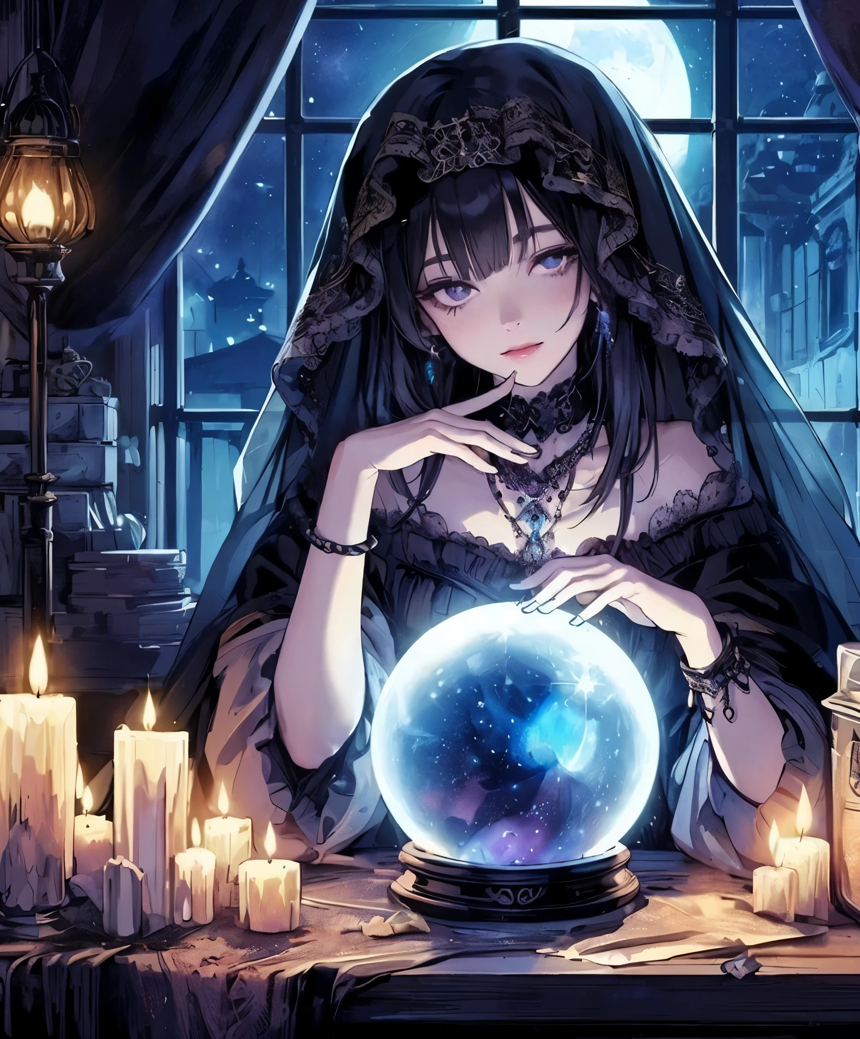 1lady solo, sitting at table, (using large crystal for fortune-telling), fortune teller outfit, black head veil, jewelry, mature female, /(black hair/) bangs, (hair over one eye), (light smile:0.8), (masterpiece best quality:1.2) delicate illustration ultra-detailed BREAK (crystal glowing mysteriously) on table, (hands over crystal) BREAK (mysterious fortune-telling shop) indoors, countless candles, ancient goods, dimly lit, moonlight, detailed background
