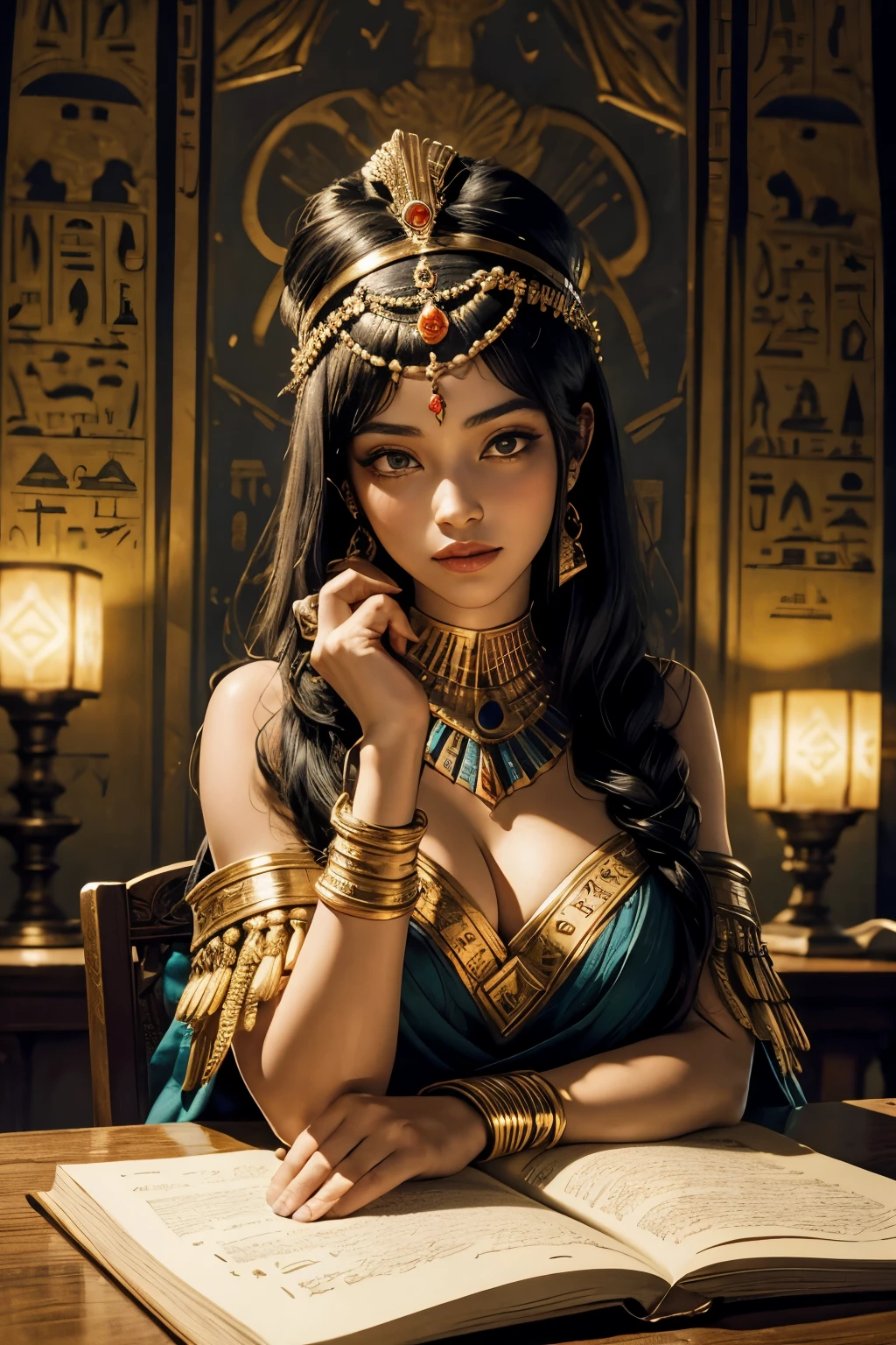 Cleopatra, the legendary Queen of Egypt, is deeply engrossed in the art of deciphering hieroglyphics, surrounded by a circle of dedicated scribes and scholars in this captivating learning scene. The regal figure, with an enchanting expression of intense focus and determination, meticulously examines the intricate symbols etched upon parchment, demonstrating her unwavering dedication to the ancient Egyptian wisdom. The scholarly atmosphere is further accentuated by the presence of open scrolls, quills, and ink pots spread around, along with intricately decorated papyrus rolls lining the walls. The atmosphere radiates a profound sense of intellectual rigor and scholarly pursuit