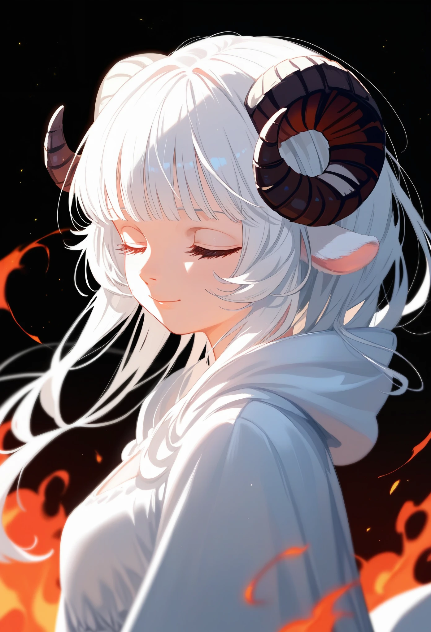 (score_9, score_8_up, score_7_up), 1girl, solo, sheep horns, curled horns, black horns, white sheep ears, white hair, long hair, hime cut, long bangs, sheep horns, curled horns, closed eyes, small smile, sleepy, small breasts, standing, wearing a white hooded cultist cloak, hood off, black victorian dress beneath, black background, simple background, surrounded by fire, depth of field, sharp focus, upper body, highres, detailed, best quality, masterpiece,