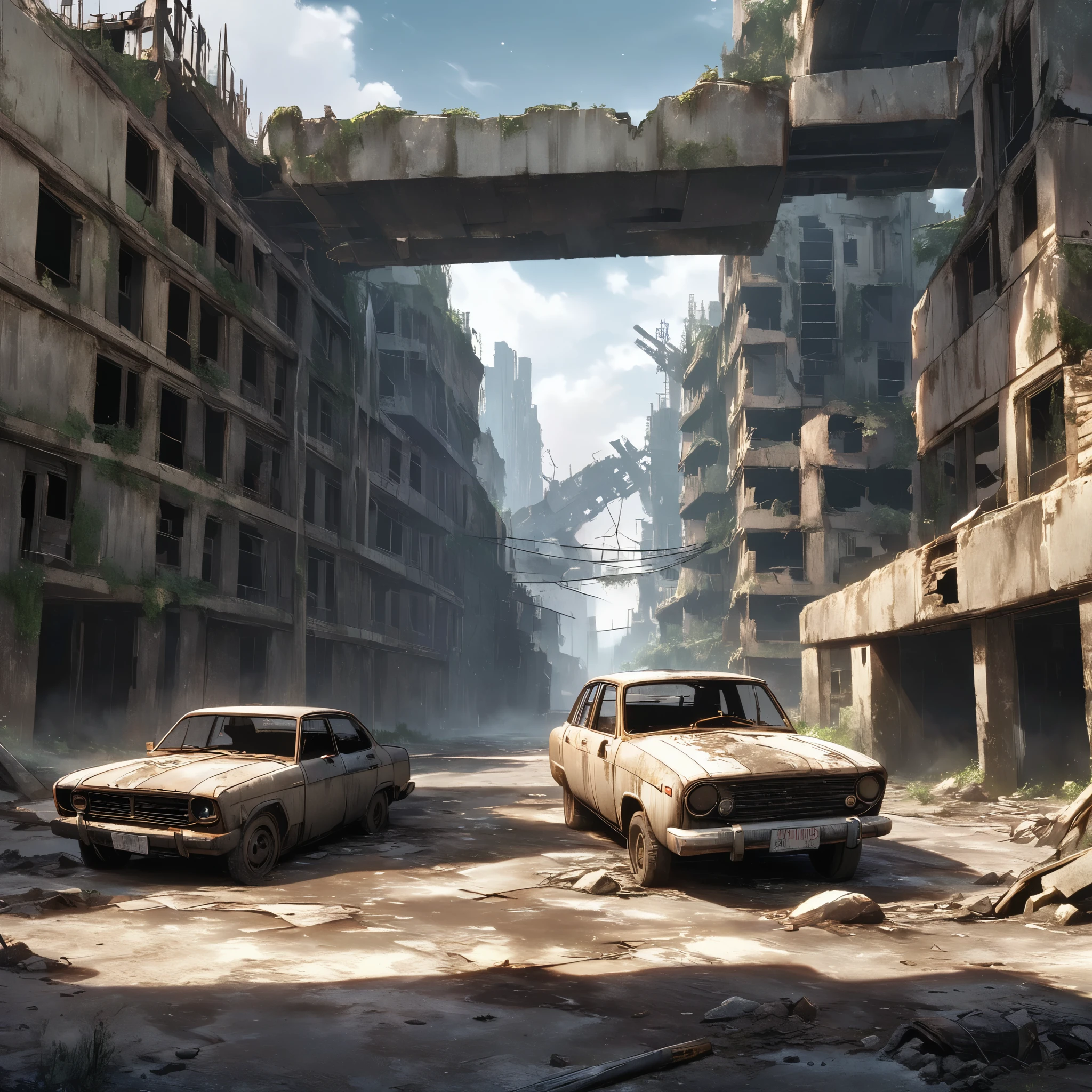 Post-apocalyptic wasteland,City ruins，Deserted，Abandoned car，Cidade abandonada