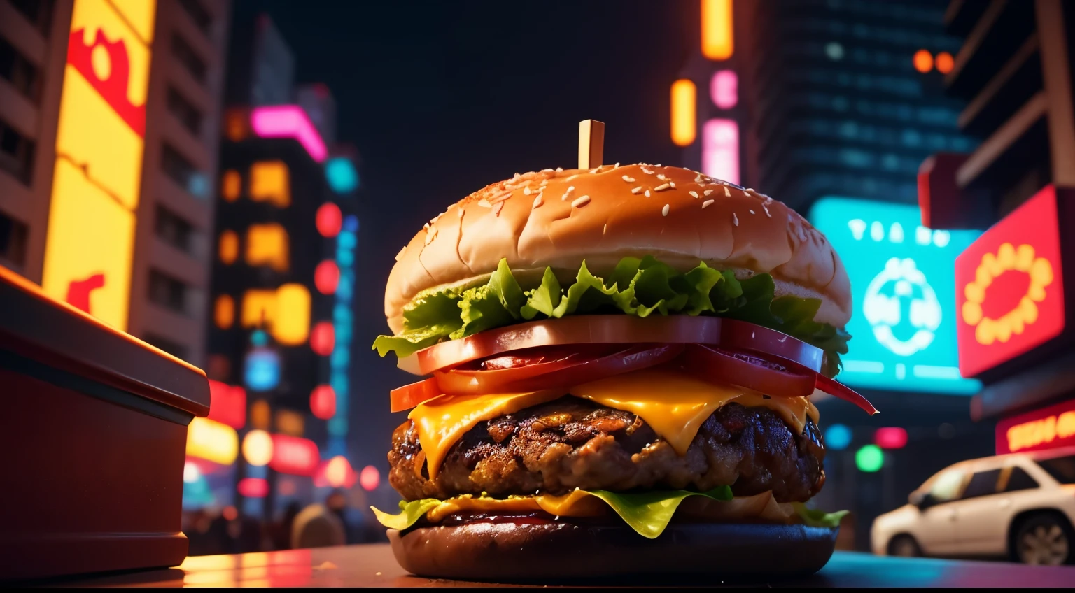 an hamburger in a cyberpunk setting