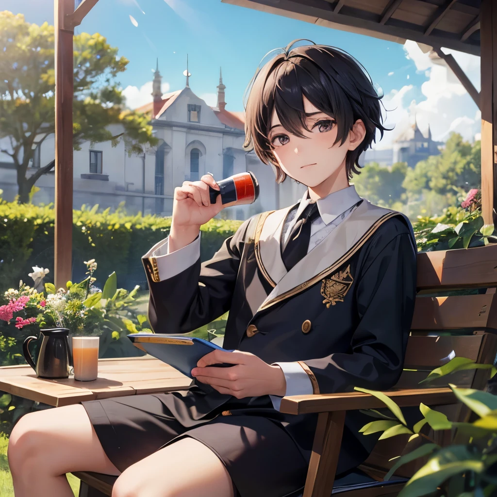 Fourteen year old boy sitting in a garden with a book in hands. Cabello rubio como el oro y largo hasta los codos, amarrado en una cola baja. Ojos rojo sangre y mirada gatuna. Piel clara, almost pale. Facciones suaves, nariz respingada. Vestimenta de la realeza antigua. His expression in a calm, junto a una sonrisa suave, his eyes show affection for someone.