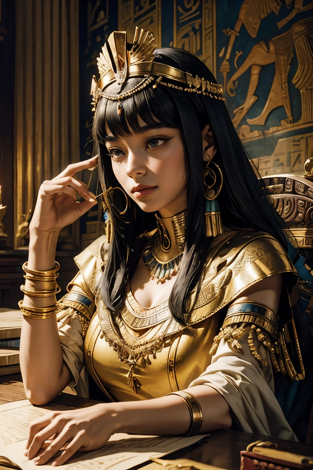 Cleopatra, the legendary Queen of Egypt, is deeply engrossed in the art of deciphering hieroglyphics, surrounded by a circle of dedicated scribes and scholars in this captivating learning scene. The regal figure, with an enchanting expression of intense focus and determination, meticulously examines the intricate symbols etched upon parchment, demonstrating her unwavering dedication to the ancient Egyptian wisdom. The scholarly atmosphere is further accentuated by the presence of open scrolls, quills, and ink pots spread around, along with intricately decorated papyrus rolls lining the walls. The atmosphere radiates a profound sense of intellectual rigor and scholarly pursuit