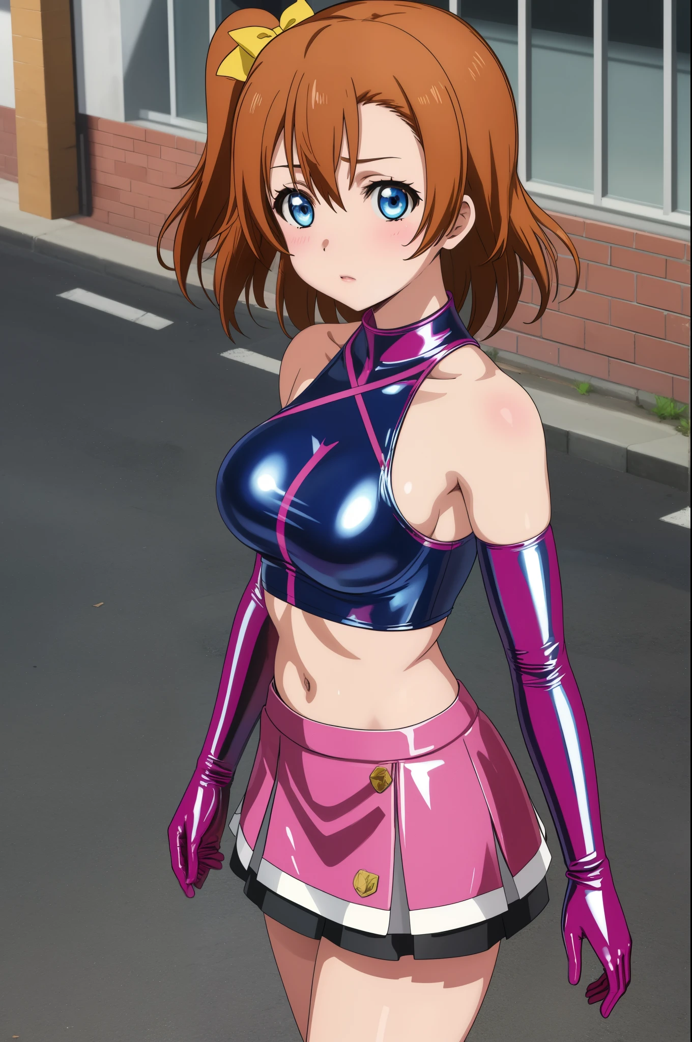 masterpiece, best quality,8k wallpaper, blue eyes,cowboy shot,kousaka honoka, (pink tight crop top), halter neck,breasts aside, elbow gloves, (pink latex skirt), in street , solo, (standing:0.8),