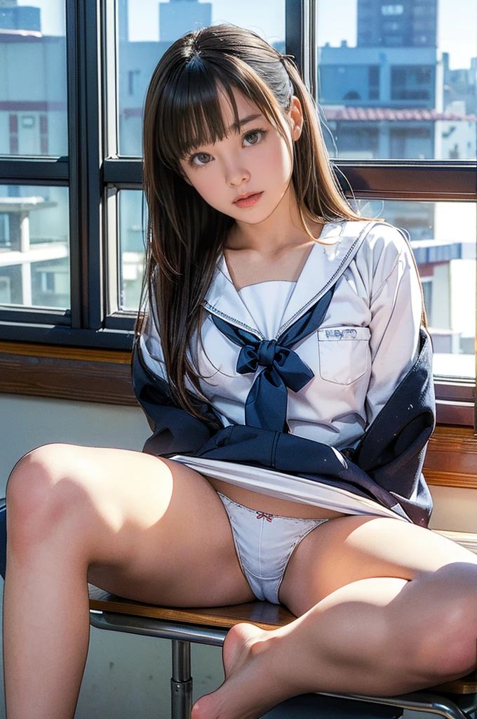 highest quality、High resolution、very detailed、masterpiece、Raw photo、realistic、photorealistic、very delicate and beautiful.、delicate details、rough skin、1 girl、alone、I、18 year old Japanese girl、in a high 、classroom、(School classroom:1.1、Sunset cityscape from the window)、(body facing the camera:1.3)、(Sit on a school chair with your legs spread out to the side.:1.2)、(Show me your white panties:1.2)、dark blue jacket and plaid skirt、white shirt、tie、The black loafer face is really beautiful.:1.5)、expensive、brown hair、(barefoot:1.1)、perfect proportions、(Do not expose your upper body)、Medically correct body(in sfw)