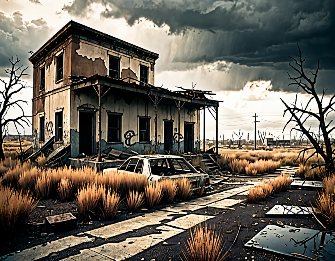 (best quality,4k,8k,highres,masterpiece:1.2),ultra-detailed,(realistic,photorealistic,photo-realistic:1.37),post-apocalyptic wasteland,desolate landscape,overgrown ruins,tattered billboards,faded graffiti,abandoned vehicles,dust-filled air,rusty metal,crumbling concrete,decaying buildings,dark clouds looming,ominous atmosphere,dilapidated structures,barren trees,lonely figure wandering,mysterious aura,soft sunlight filtering through the clouds,faded colors,subtle hues of gray and brown,broken glass,quiet stillness,remnants of civilization,desperation in the air,haunting beauty,harsh survival,remnants of hope,hints of the past,layers of history,forgotten memories,tangled weeds,whispers of the wind,unforgiving terrain,ruined cityscape,encounters with the unknown,vivid imagination,otherworldly presence,lost humanity,unpredictable future