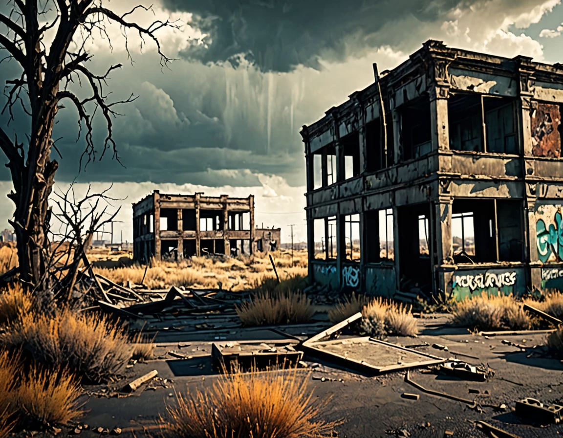 (best quality,4k,8k,highres,masterpiece:1.2),ultra-detailed,(realistic,photorealistic,photo-realistic:1.37),post-apocalyptic wasteland,desolate landscape,overgrown ruins,tattered billboards,faded graffiti,abandoned vehicles,dust-filled air,rusty metal,crumbling concrete,decaying buildings,dark clouds looming,ominous atmosphere,dilapidated structures,barren trees,lonely figure wandering,mysterious aura,soft sunlight filtering through the clouds,faded colors,subtle hues of gray and brown,broken glass,quiet stillness,remnants of civilization,desperation in the air,haunting beauty,harsh survival,remnants of hope,hints of the past,layers of history,forgotten memories,tangled weeds,whispers of the wind,unforgiving terrain,ruined cityscape,encounters with the unknown,vivid imagination,otherworldly presence,lost humanity,unpredictable future