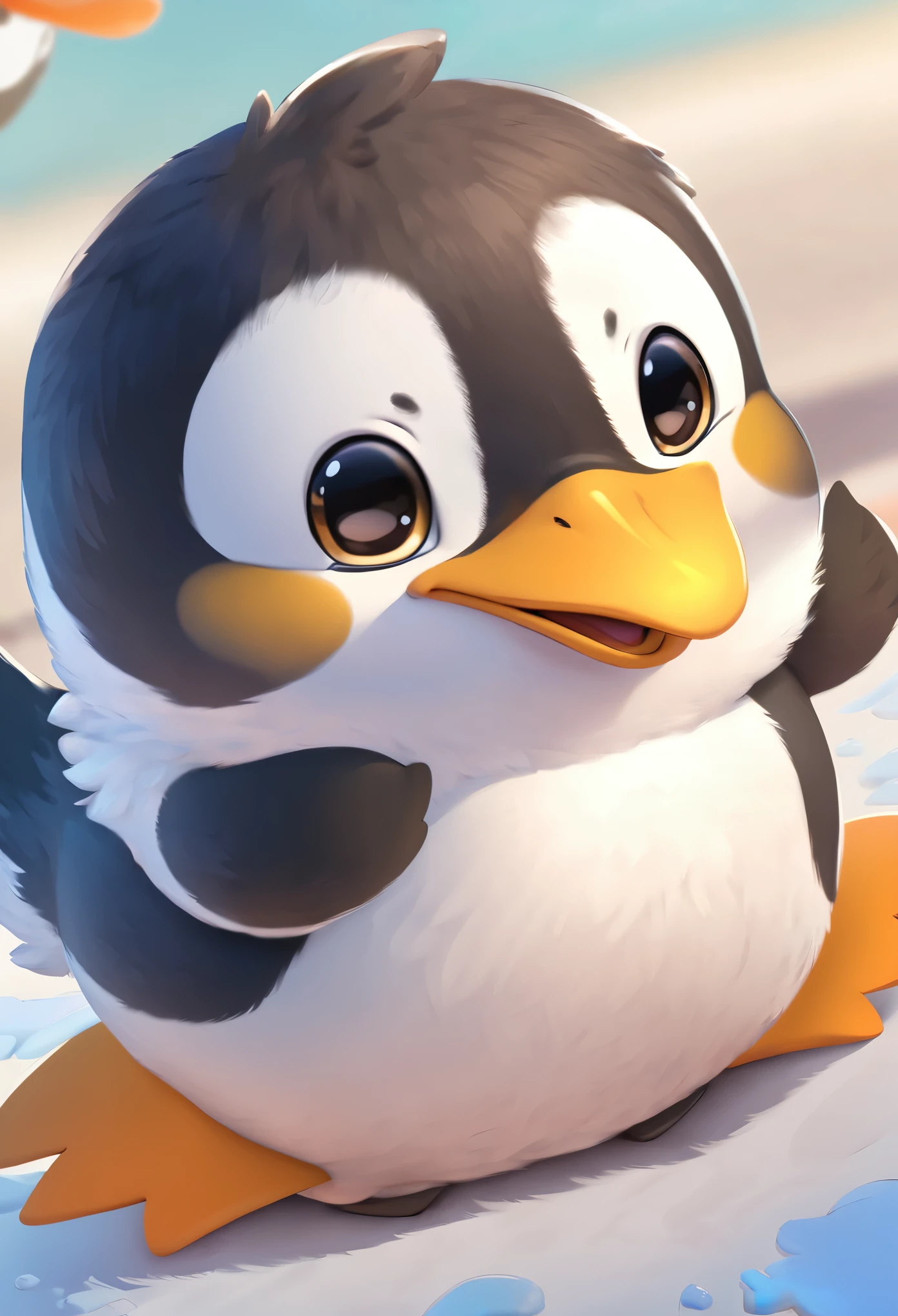 super deformed, furry, funny, fluffy, best quality, penguin with a duck mouth, cute no matter what he does, cute face, cute pose