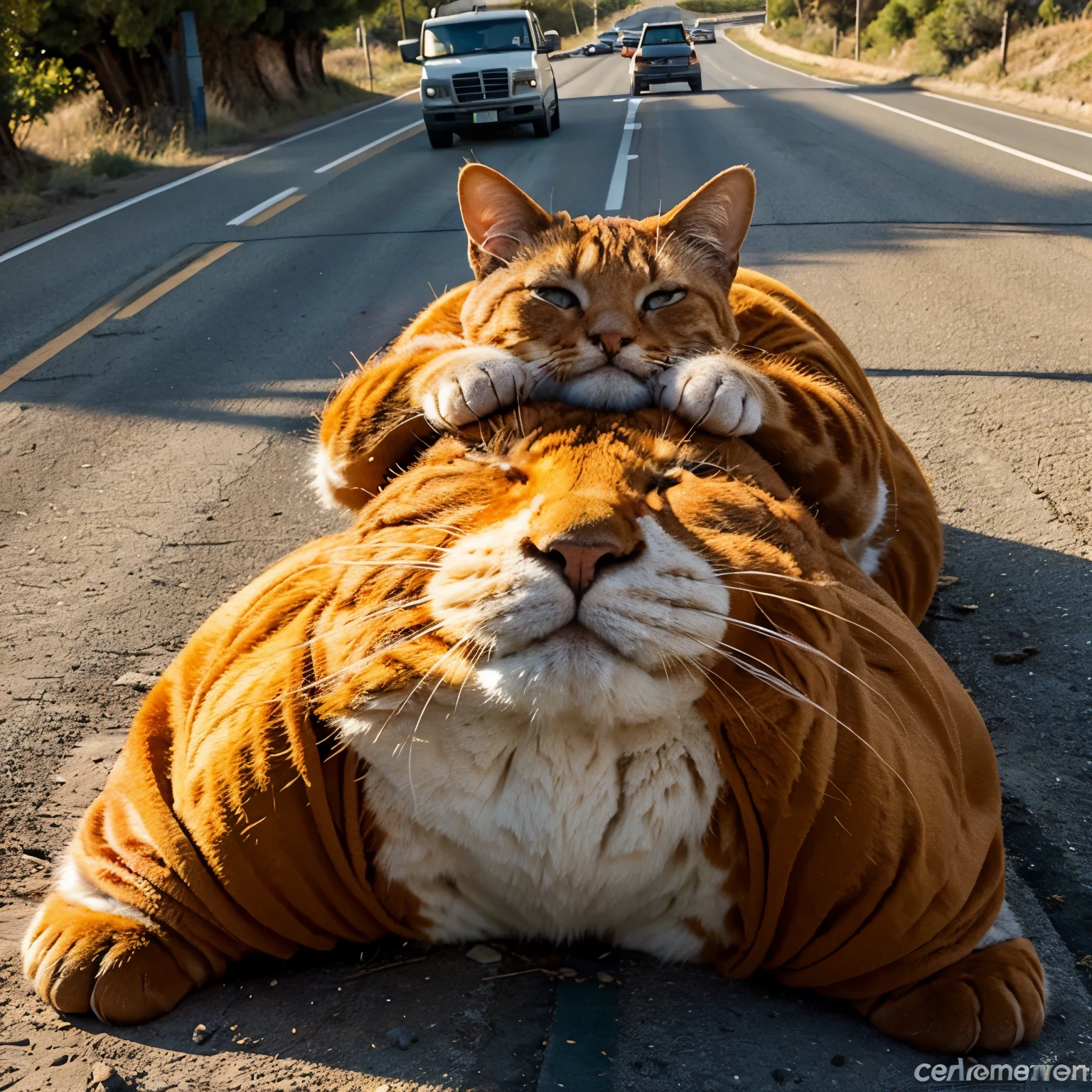 Una gato solo naranja gigante y gordo dormido en medio de la carretera. Que sus ojos sean muy grandes y tiernos