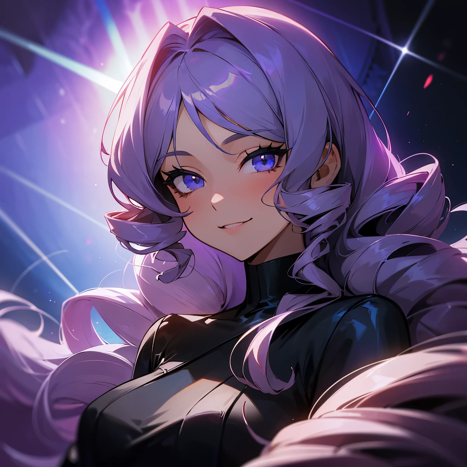 A portrait of a mature woman with very long PURPLE wavy hair and drill curls, side-swept bangs, blue eyes, ligh tanned skin, confident smile, wearing a black party dress, inside of a nightclub in the city, nighttime.