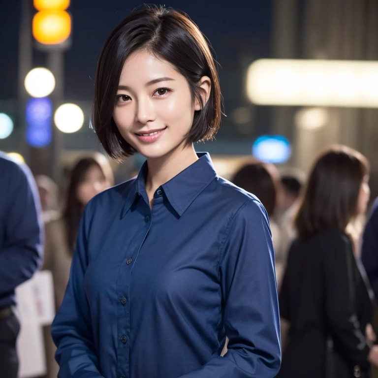 The face of a beautiful Japanese woman in her thirties with short hair, wearing a dark blue long-sleeved cotton shirt, looking back at me with a gentle smile. Focal length 100mmf/2.8, spring night, in front of the station at night, in front of the station with a lot of traffic at night, well-shaped face, great smile, toned body, dark blue long-sleeved cotton shirt, maximum close-up of eyes, sense of presence, 8K image quality ,Highest quality.