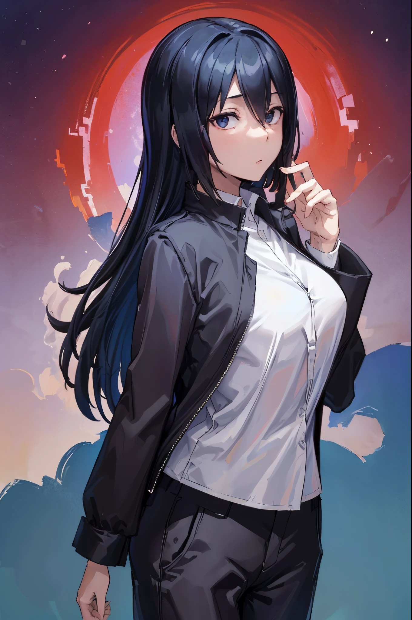 (masterpiece, best quality:1.2), expressive eyes, perfect face, highres, 1girl, solo, (female:1.5), ishigami_yuu, black jacket, open jacket, white shirt, black pants, standing, upper body, looking at the viewer