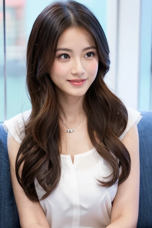 Japanese female announcer, medium-long brown hair, very beautiful face, clear eyes, studio background, highest quality, reality