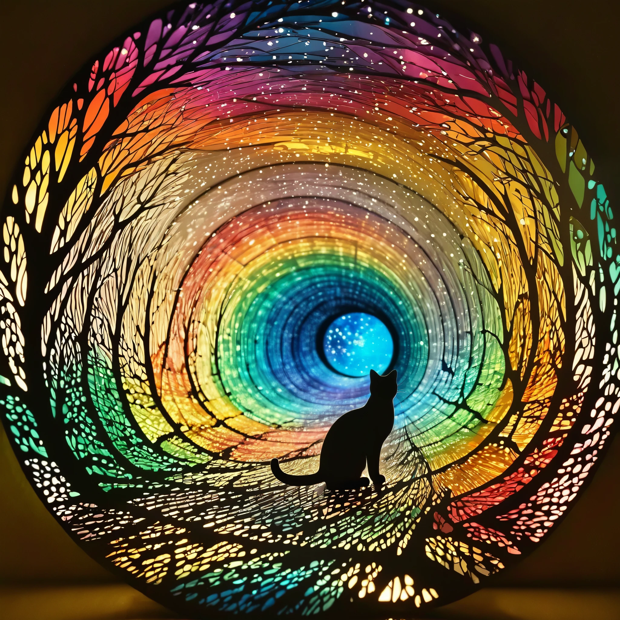 ((((masterpiece))), best quality, illustrations, beautiful details glow,paper_cut, The cat cat is traveling through the time tunnel ,rainbow style，The stars twinkle，Galaxy