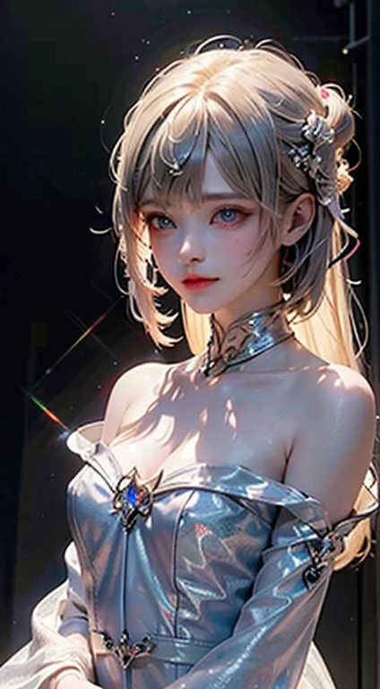 Fluorescent color, 1 girl, Look to the side, Beautiful Face, Beautiful Eyes, (Off the shoulder: 1.2), Upper Body, Shiny Hair, Shiny skin, Glow luminescence cut, Finger ratios are adjusted, dark, throw, Dynamic Angle, (((masterpiece))), (((highest quality))), ((Very detailed)), (figure), (Detailed light), ((Very delicate and beautiful)), dramatic_Shadow, Ray_trace, reflection, Ultra-high resolution, laser, Little,dark色の服