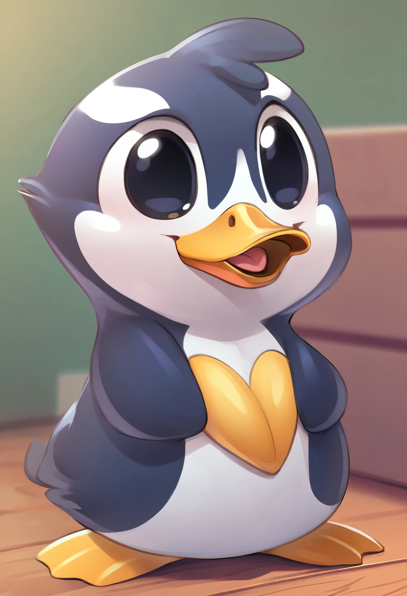 super deformed, furry, funny, fluffy, best quality, penguin with a duck mouth, cute no matter what he does, cute face, cute pose
