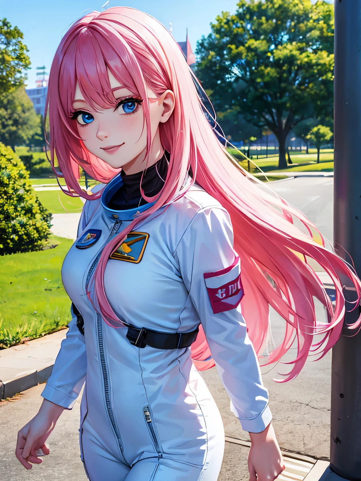 1 adult woman,29 years old,Pink hair,Walking,Astronaut uniform , close up photo, long hair,bangs,blue eyes,smile,In the park