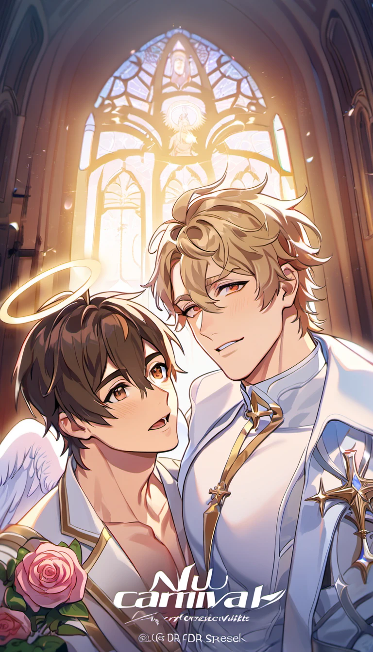absurdres, high res, ultra detailed, HDR, master piece, best quality, perfect face, Eiden, brown hair, expressive brown eyes, Nu Carnival, Quincy, blond messy hair, expressive orange eyes, two men together, sexy gay couple, handsome, fantasy celestial white clothes, showing the chest, halo, angel, white angel wings, pink roses, church