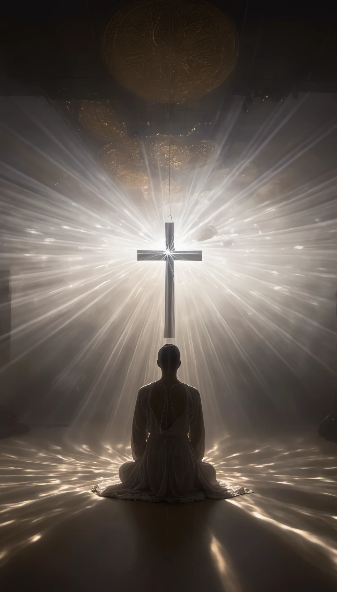 solo，front view，In the stillness of the night, a figure on their knees emerges, lost in deep prayer against a backdrop of divinity. The ethereal atmosphere is bathed in soft directional light--a gentle illumination that casts elongated shadows--an AR 3:2 ratio frame captures this humble scene. The light source, with a softness setting of 250 and a secondary light setting of low intensity, envelops the figure in a heavenly glow, inviting an almost spiritual connection with the audience--a masterpiece of nocturnal prayer.Xill