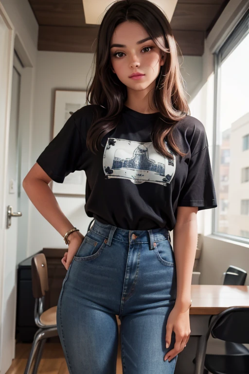 1girl, dark brown hair, graphic t-shirt, high waisted jeans, mid 20s