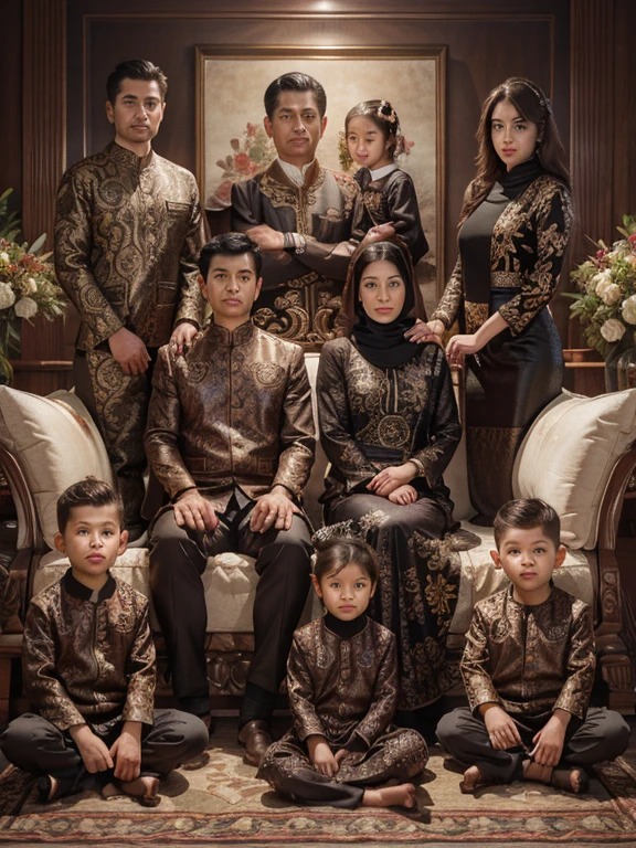 Photorealistic 8k resolution Ultra-realistic illustration of the full body of an Thailand husband and wife aged around 50 years with clean faces sitting on a luxurious sofa flanked by their son and daughter aged 35 years, some sitting on the ground are three sons aged 15 years, aged 13 years and , all men wear black songkok, all women wear hijabs, dress to match with a striking dark brown batik motif, with a background of a large frame depicting roses attached to the wall, photo slightly tilted to the side, visible face, atmosphere night, minimal lighting, sunset light. ultra HD, real photo, very detailed, very sharp, 18mm lens, realistic, photography, leica camera, photo