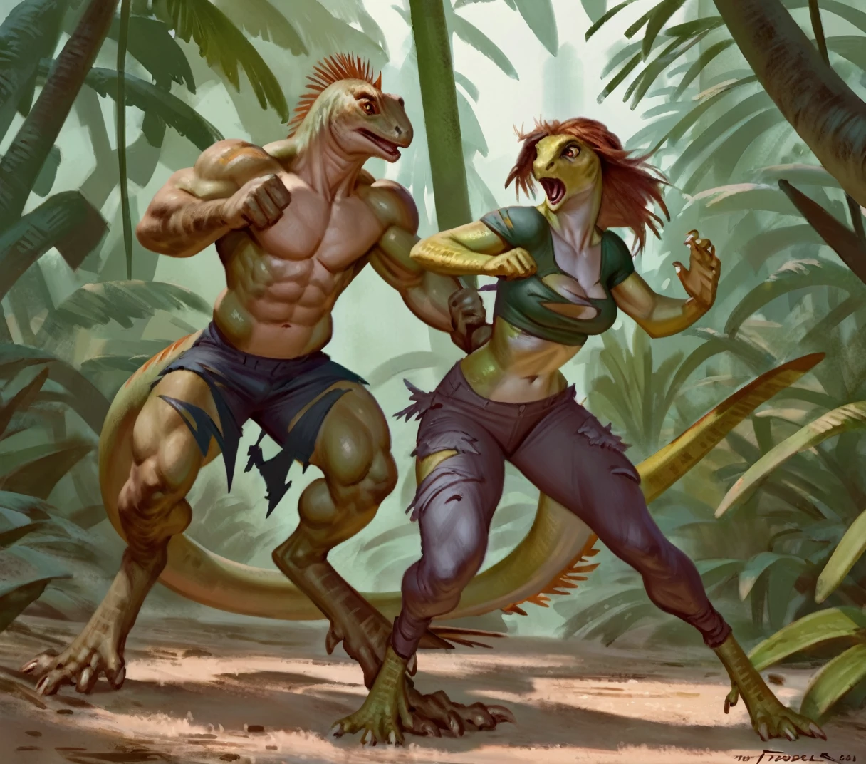 anthro male muscular man and woman morphing into anthro iguana, male, female, by taran fiddler, duo, jungle, , expressive, dynamic, attractive, power stance, torn clothes, pain