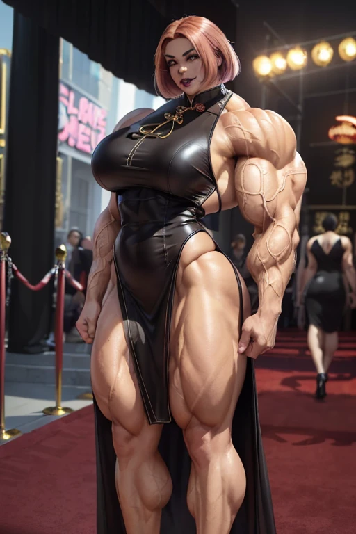 ((((Massive tall, beautiful, buff, light brown skinned, muscular woman with shocking pink hair, black lipstick, ginormous bulky muscles and wearing a beautiful long black leather cheongsam dress)))), close view, vascular, massive muscle, (massive biceps), hyper muscle shoulders, vascular shoulders, hyper muscle triceps, (angled bob cut), red eyes, long high heels, cocky smile, ((in Hollywood red carpet)), evening, Vascular arms, hyper vascular arm, hyper muscles arms, hyper muscle legs, massive buff arms.