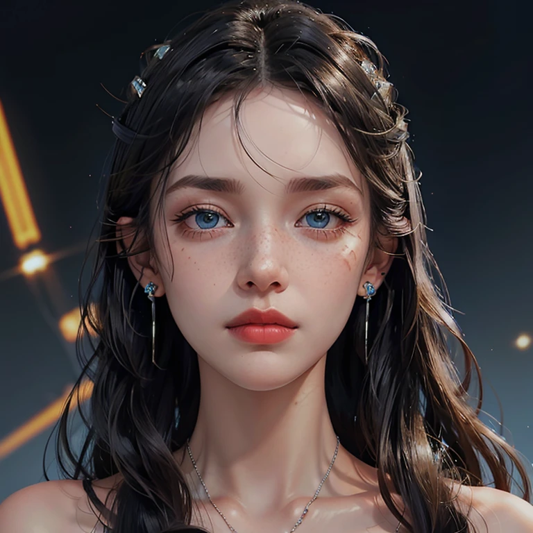 1girl, solo, piercing, long_hair, halo, parted_lips, lips, black_hair, realistic, ear_piercing, earrings, nose, jewelry, science_fiction, artist_name, eyelashes, cable, looking_at_viewer, blue_eyes, watermark, portrait, grey_eyes, barcode, freckles