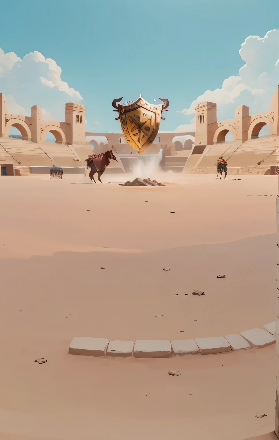 Cartoon illustration of a bullring with a large shield and horses, arena background, odin's stone arena background, coliseum background, palace background, mobile game background, arena background, invading army background, background art, Roman festival background, volley court background, In gladiator arena landscape, medieval city background, background: Battle Scene, In the center of the arena