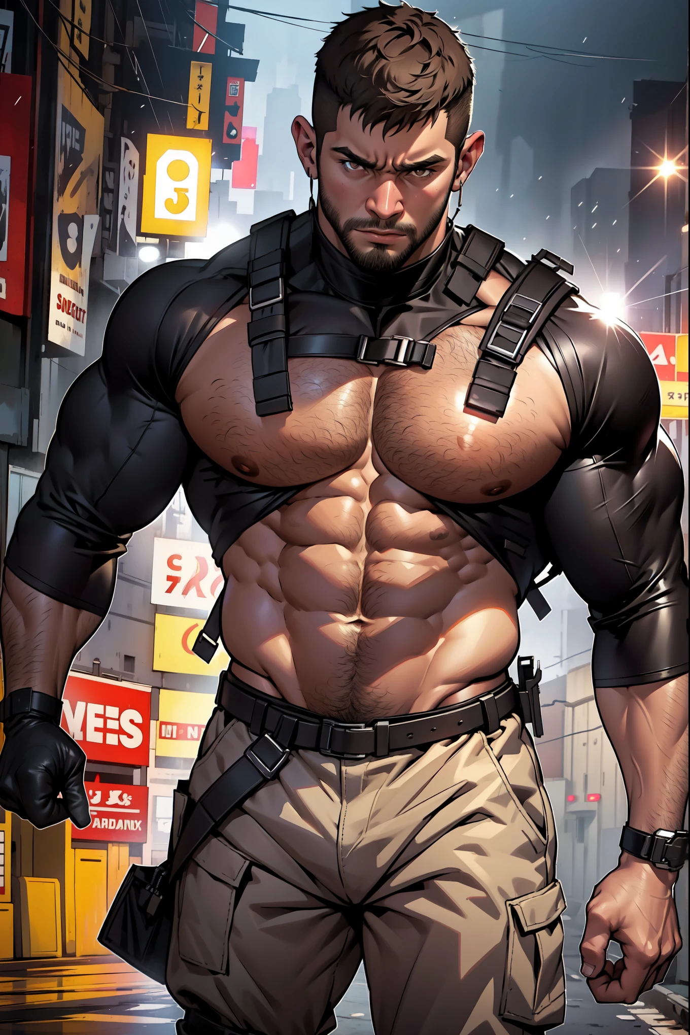 muscular man, thin beard, young, young adult, short hair, Military Haircut, huge, large shoulders, big butt, thick legs, hunk, bara, black shirt, simple shirt, big arms, ((light bokeh)), intricate, elegant, sharp focus, photo by greg rutkowski, soft lighting, vibrant colors, (masterpiece), ((streets)), (detailed face), looking at viewer, brown eyes, cowboy shot, action pose, half body portrait, thunder storm, glitter, neolight ,Contrast Pop Art