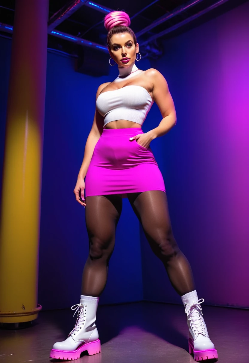 (full body photo:1.3), solo, (from below)1.2, (stylish bun haircut) (huge natural breasts)1.3, (futuristic, nightclub, neon light), (standing pose), (black tights and white wool socks)1.3, (pink tube-top) (purple tight mini skirt)1.2, (black tights and white wool socks)1.3 (Platform Dr Martens boots)1.2, (wide hips, curvy, thick thighs muscular legs)1.2, intricate detail, ((random ethnicity from Europe and America) mature female)1.2 posh, (environmental portrait), perfect eyes, looking at viewer, showing ass