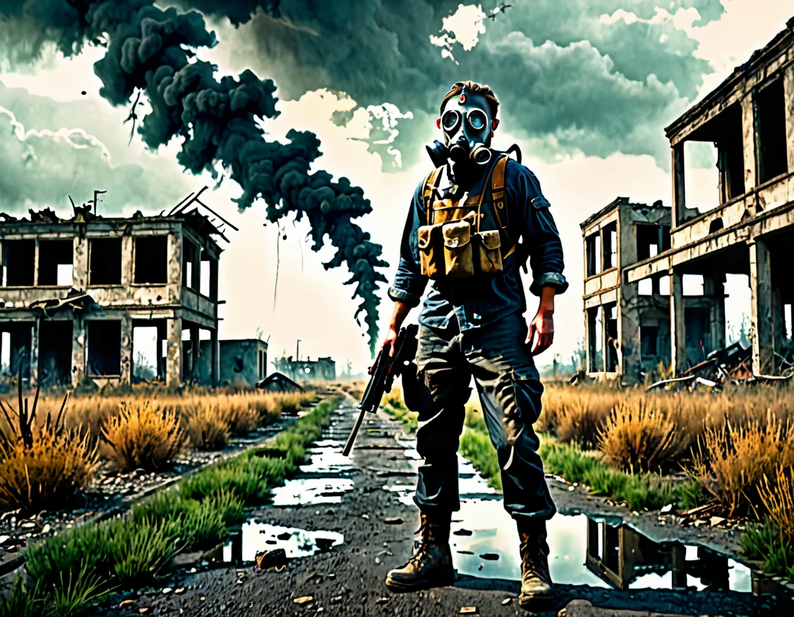 (best quality,4k,8k,highres,masterpiece:1.2),ultra-detailed,(realistic,photorealistic,photo-realistic:1.37),post-apocalyptic,wasteland,dystopian,desolate,ruined buildings,decaying cityscape,overgrown nature,barren landscape,dark clouds,stark contrast,dramatic lighting,grim atmosphere,epic scale,faded colors,subtle hint of hope,lonely traveler,worn-out gas mask,tattered clothes,brave survivor,powerful stance,battered weapons,haunting expression,mysterious figure,eerie silence,abandoned vehicles,ominous ruins,wisps of smoke,lush vegetation reclaiming the land,crumbling structures,reflection in shattered glass,desperation,uncertain future,deep shadows,windswept terrain