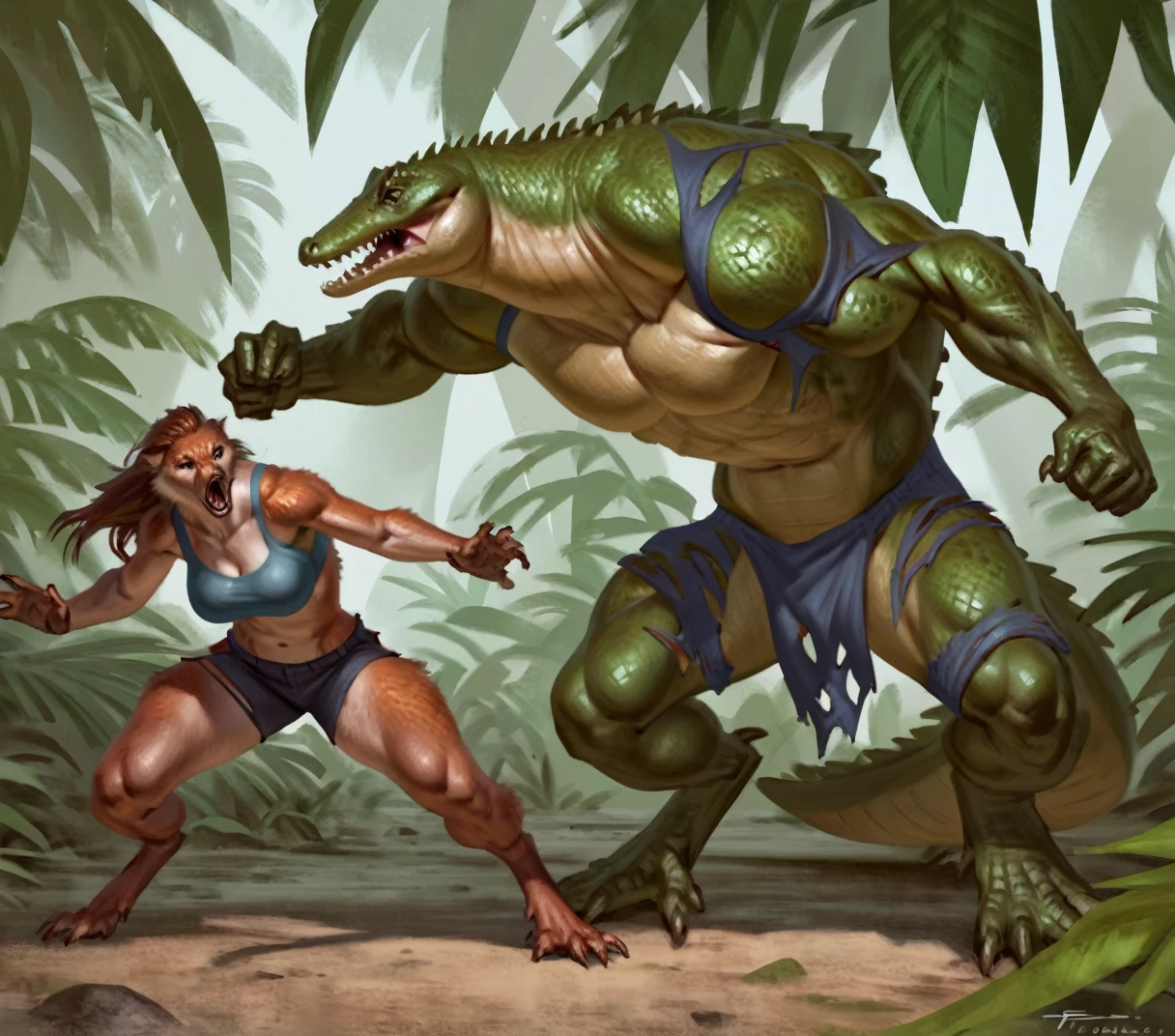 anthro male muscular man and woman morphing into anthro crocodiles, male, female, by taran fiddler, duo, jungle, , expressive, dynamic, attractive, power stance, torn clothes, pain