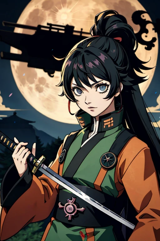 Anime character with long hair holding a sword in front of the full moon, cute face in demon slayer art, kimetsu no yaiba, Inspired by Demon Slayer, Yoriichi Tsujikuni, Demon Slayer art style, Demon slayer anime picture, Tanjiro Kamado