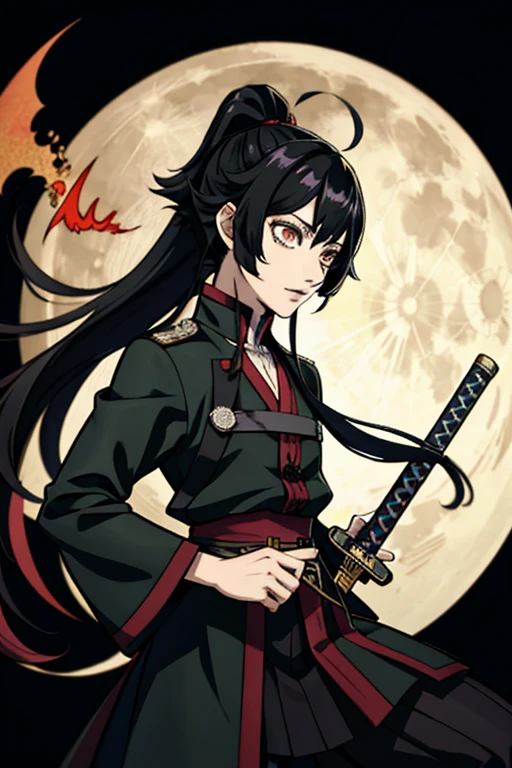 Anime character with long hair holding a sword in front of the full moon, cute face in demon slayer art, kimetsu no yaiba, Inspired by Demon Slayer, Yoriichi Tsujikuni, Demon Slayer art style, Demon slayer anime picture, Tanjiro Kamado