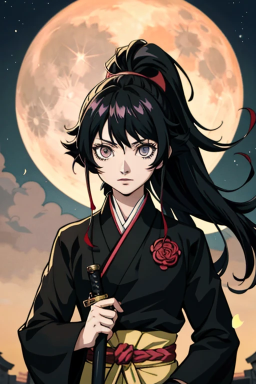 Anime character with long hair holding a sword in front of the full moon, cute face in demon slayer art, kimetsu no yaiba, Inspired by Demon Slayer, Yoriichi Tsujikuni, Demon Slayer art style, Demon slayer anime picture, Tanjiro Kamado