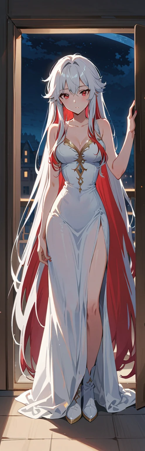Long red hair, red eyes, white elegant clothes, bedroom, window, night, sensual, messy hair, clear skin, ((white hair locks)), red and white locks hair, young 30 years girl, adult woman, white pants, red and white clothes, goddess, looking outside, boots, adult girl, solo, red, very long hair,