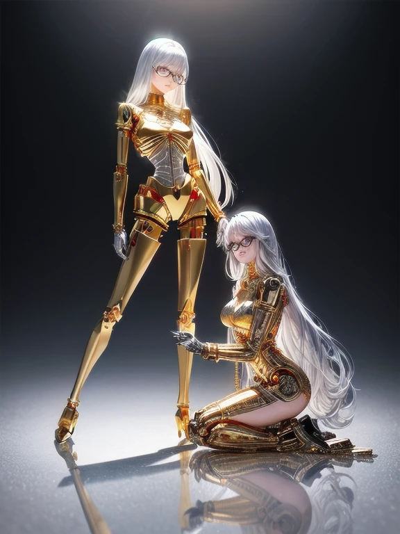 5 8K UHD,
 two beautiful robot women with internal skeletons in silver metallic bespectacled bodies kneeling,
 gold and silver metal robot with transparent exoskeleton,
 their face is a beautiful human face,
 full body shot.
