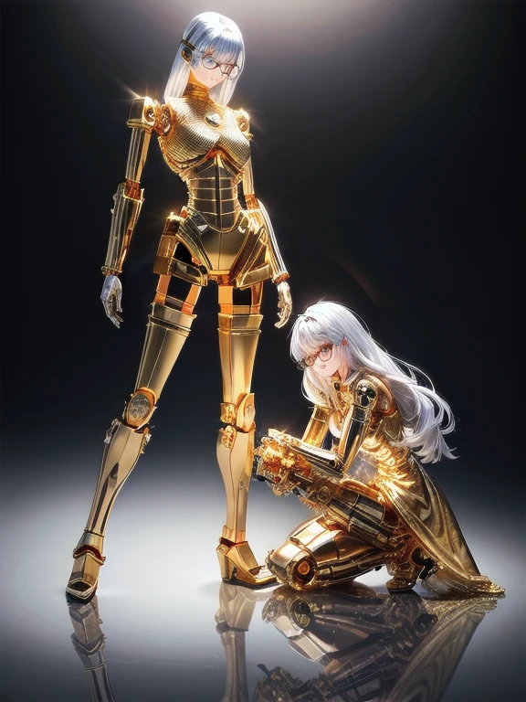 5 8K UHD,
 two beautiful robot women with internal skeletons in silver metallic bespectacled bodies kneeling,
 gold and silver metal robot with transparent exoskeleton,
 their face is a beautiful human face,
 full body shot.
