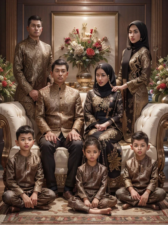 Photorealistic 8k resolution Ultra-realistic illustration of the full body of an Thailand husband and wife aged around 50 years with clean faces sitting on a luxurious sofa flanked by their son and daughter aged 35 years, some sitting on the ground are three sons aged 15 years, aged 13 years and 7 years old, all men wear black songkok, all women wear hijabs, dress to match with a striking dark brown batik motif, with a background of a large frame depicting roses attached to the wall, photo slightly tilted to the side, visible face, atmosphere night, minimal lighting, sunset light. ultra HD, real photo, very detailed, very sharp, 18mm lens, realistic, photography, leica camera, photo